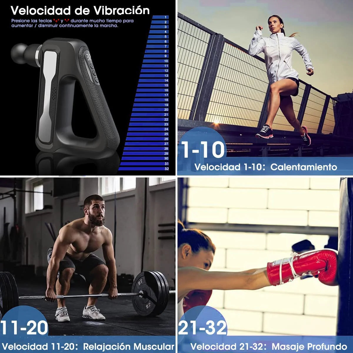 Pistola Masajeadora Profesional con 32 Niveles + 8 Cabezales